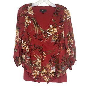 AGB Floral Print V-Neck Rust Tank/sheer overlay Layered Hem Size M Forest‎ Fairy